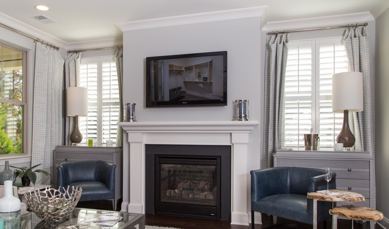 Indianapolis fireplace with white shutters.
